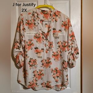 J for Justify Cream Blouse with Coral Floral Print, 2X